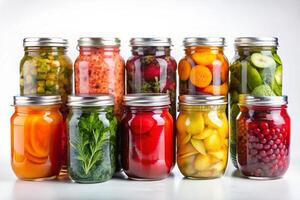 Empty clear mason jars with metal lids arranged on a white background, clean and modern glass jars for home organization and decoration photo