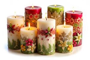 Luxurious candles with elegant patterns and a colorful finish, perfect for creating a chic and modern atmosphere in home decor or event styling photo