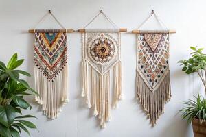 Boho style woven tapestry wall hangings with intricate patterns and fringed detailing, perfect for home decoration photo