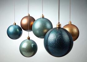 Assortment of holiday ornaments in elegant blue, teal, gold, and bronze tones hanging against a light backdrop, ready for the Christmas tree photo