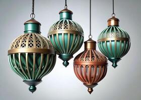 Beautifully designed green and copper lanterns with delicate patterns, featuring intricate metalwork and a glowing ambiance photo