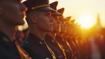 Army soldiers stand. Group of men wear formal uniform. Sunset at horizon. Rows of service people. Military academy at sunrise. photo