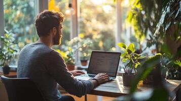 Freelancer Man Working at Desk. Computer screen with text. Indoor plants. Bright light. Person typing on laptop at home office. Sunny day. Desk view. photo