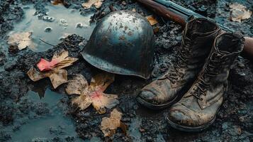 Old Helmet Boots and Rifle Lie on Mud. War Equipment Placed on the Wet Ground with Fallen Leaves. Military Scene. photo
