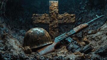 Old gun helmet boot and cross on ground. Equipment resting. Forgotten battle scene. Relics of war lie together. Tomb of soldier. Resting place illustration. photo