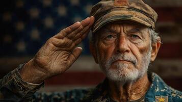 Memorial day Older person salutes. Man in uniform shows respect. American flag visible in background. Veteran portrait shows emotion. Patriot saluting with honor. photo