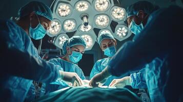 Surgery team working. Doctors in masks doing operation. Medical staff performing a surgical procedure. Bright lights above. Focus on patient. photo