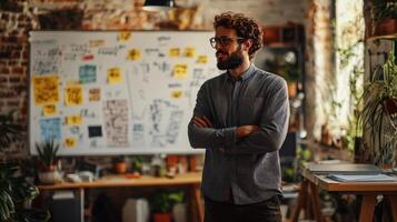 Man standing. He looks thoughtful with arms crossed. White board with notes. Office plants and work space. Indoor room with creative design. photo