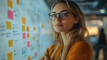 Woman plans ideas. Glass wall with notes. Business planning. Thinking woman near project board. New strategy. Workflow concept. Smart solutions. photo