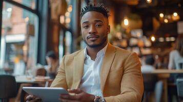 Man in jacket holds tablet at cafe. Person sits with device. Indoor restaurant scene with blurred background. Casual business style. Smiling face. photo