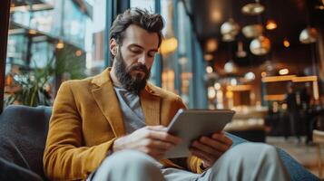 Man using tablet. Man reading on his device while sitting in a chair. He is in a cafe with soft light. Tech use. photo