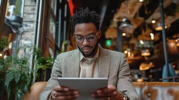 Man uses tablet. Person looks at digital screen indoors. Calm face. Modern style. Focused work. Casual clothes. Light from window. photo