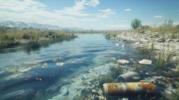 Dirty River Flowing in Nature. Trash near Water. Polluted Clear Stream. River Water Pollution. Rusty Metal on Riverbed. photo