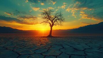 Dry land with a tree during sunset. Sun shines through clouds. Cracked soil texture and mountain background. photo