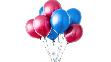 Party Balloons. Bunch of blue and red balloons float isolated on plain white background. Festive occasion decoration for birthday or event. photo