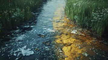 Water Flows Between Green Grass and Yellow Deposit. Stream Reflects the Sky. Nature and Environment. River Surface. Water Texture. Peaceful Scenery. photo