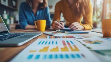 Business people working. Laptop and charts on table. Coworkers plan together. Team discuss project. Women studying reports. Office with data. Analyzing graphs and charts. photo