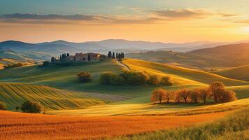 Green hills with trees and golden fields at sunset. Distant mountains and bright sky. Farm on a hilltop in the distance. photo