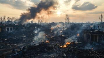 Burning Houses Aftermath. Destruction in the City. Fire and Smoke Rise into the Sky. Burnt Ruins and Charred Remains. photo