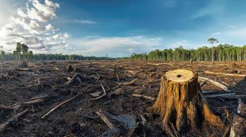 Forest destruction scene. Land after trees removed. Stump in foreground. Other trees remain in back. Blue sky above. Shows deforestation. photo