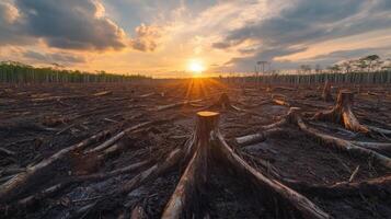 Deforested area. Tree stumps on the ground. Sunset sky with clouds in the background. Landscape showing deforestation and environmental damage. photo