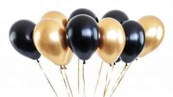 Black and gold balloons float. Bunch of party balloons. Shiny balloons on white. Celebration items for party. Holiday balloons decoration. photo