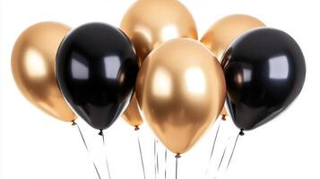 Balloons floating. Group of shiny balloons. Gold color and black color. Party decoration. Celebration background. Bunch of balloons with strings. photo
