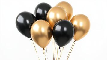 Black and gold balloons. Group of balloons. Celebration decor. Shiny balloon bunch. Party decoration. Balloons float. Simple balloon photo. photo