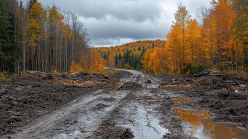 Muddy road in fall forest. Colorful trees line the path, creating a beautiful yet rugged scene under a cloudy sky. Wet ground and fall colors. photo
