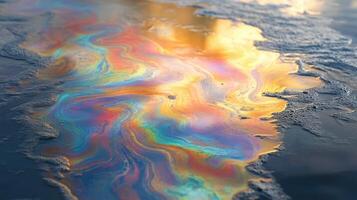 Colorful liquid flows on water. Oil slick rainbow texture. Abstract iridescent fluid pattern. Water pollution effect. Environmental disaster scene. photo
