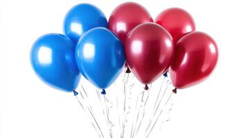 Bunch of colorful balloons. Red and blue birthday celebration decorations. Simple festive party with balloons on white background. Group of floating balloons for fun events. photo