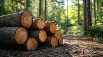 Pile of wood logs sits on ground. Sunlight shines through green forest trees. Logs are cut and ready for use. Nature background. photo