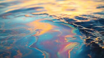 Ocean water shows colors. Colorful liquid on water. Iridescent surface. Abstract reflection. Water shimmers. Sea foam detail. Wave surface. Water texture close up. photo