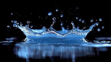 Water splash. Liquid drop. Fresh drink. Clean blue surface. Water crown with reflection on black background. Pure and transparent texture. photo