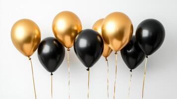 Shiny balloons float. Gold and black balloons on white. Party balloons in air. Elegant balloons decoration background. photo