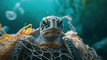 Sea turtle trapped in old fishing net underwater. Marine animal entangled. Ocean wildlife affected by water pollution. Sad turtle trapped in plastic. Save the sea concept. photo