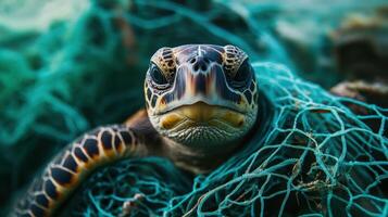 Sea turtle trapped in net. Ocean animal in danger. Marine life underwater. Pollution problem. Turtle rescue. Wildlife conservation. Endangered species. Close up portrait. photo