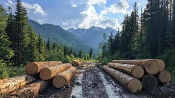 Logs in forest. Wood stacks on ground. Mountains and trees in background. Bright sky in summer. Logging operation. Cut trees on path. photo