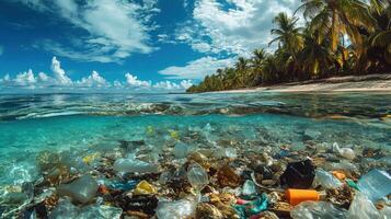 Ocean pollution. Plastic trash floats in clear ocean water near a tropical beach. Environmental problem. photo