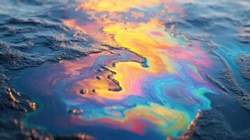 Water surface with oil sheen. Liquid rainbow color floats on dark water. Natural colorful pattern on a wave. Close up view. photo