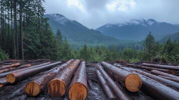 Cut logs sit in forest. Mountains rise behind trees and cloud. Wet timber lies still. photo