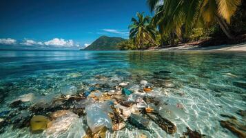 Ocean water meets trash on shore. Tropical island view with green palm trees and a mountain range in the distance. Clear water with pollution. photo
