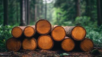 Pile of logs in a forest. Wood logs stacked together on the ground. Forest background behind the logs. Close up of tree trunks in nature. photo