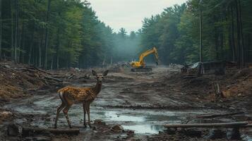 Environmental disaster Deer stands in mud near forest. Yellow machine in background. Trees line the edge of the cut area. Ground is wet. photo
