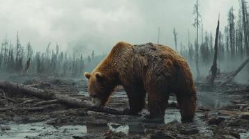 Brown bear walks in muddy field. Forest trees stand in background. Overcast sky above animal and landscape. Gloomy scene in nature. photo