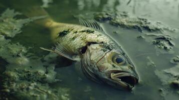 Environmental disaster Dead fish floating in murky water. Animal decay in swamp. Environmental pollution. Danger of poisoning and extinction. Aquatic life ending. Stagnant pond. Dirty habitat. photo