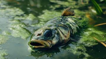 Environmental disaster Dead fish floating in green pond. Polluted water, algae bloom, and fish kill concepts. Environment and ecology, water toxic or nature danger. photo