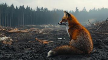 Environmental disaster Red fox sitting in damaged forest. Orange animal resting. Woods trees in background. Nature after destruction. Wildlife alone after forest fire. photo