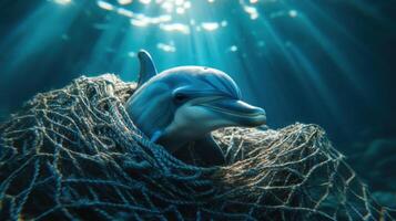 Environmental disaster Dolphin trapped in net under the sea. Underwater scene showing marine life affected by pollution. Animal trying to escape ocean debris. photo