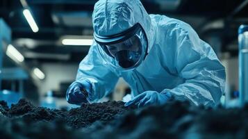 Person in protective suit. Scientist examines soil in a laboratory. Studying ground. Science and research. Analysis of earth samples. Lab work with safety equipment. photo